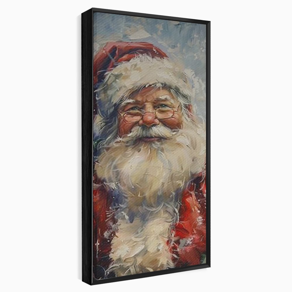Tablou canvas cu pictura portret mos craciun cu ochelari, in rama de aluminiu negru